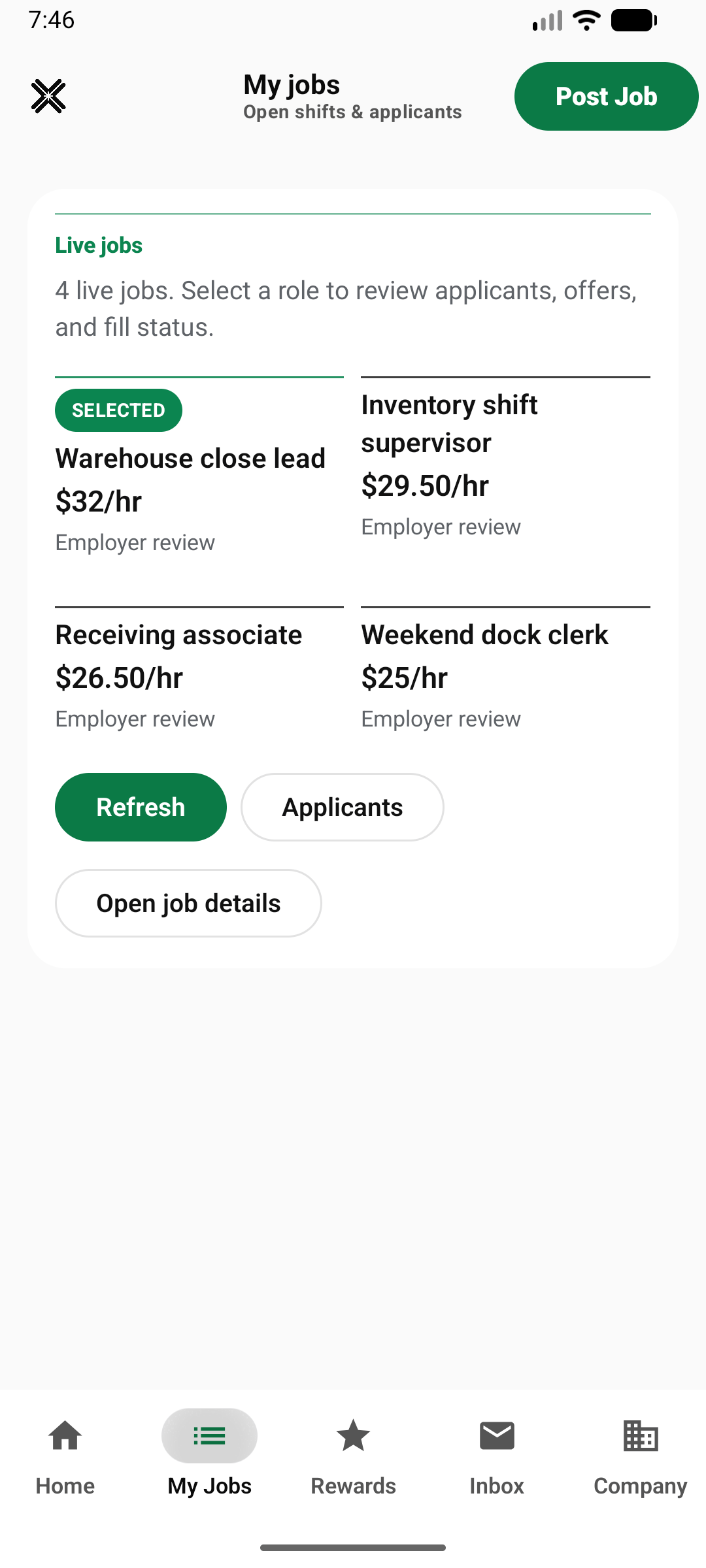 Xaigh Android employer My Jobs screen with open roles and review actions