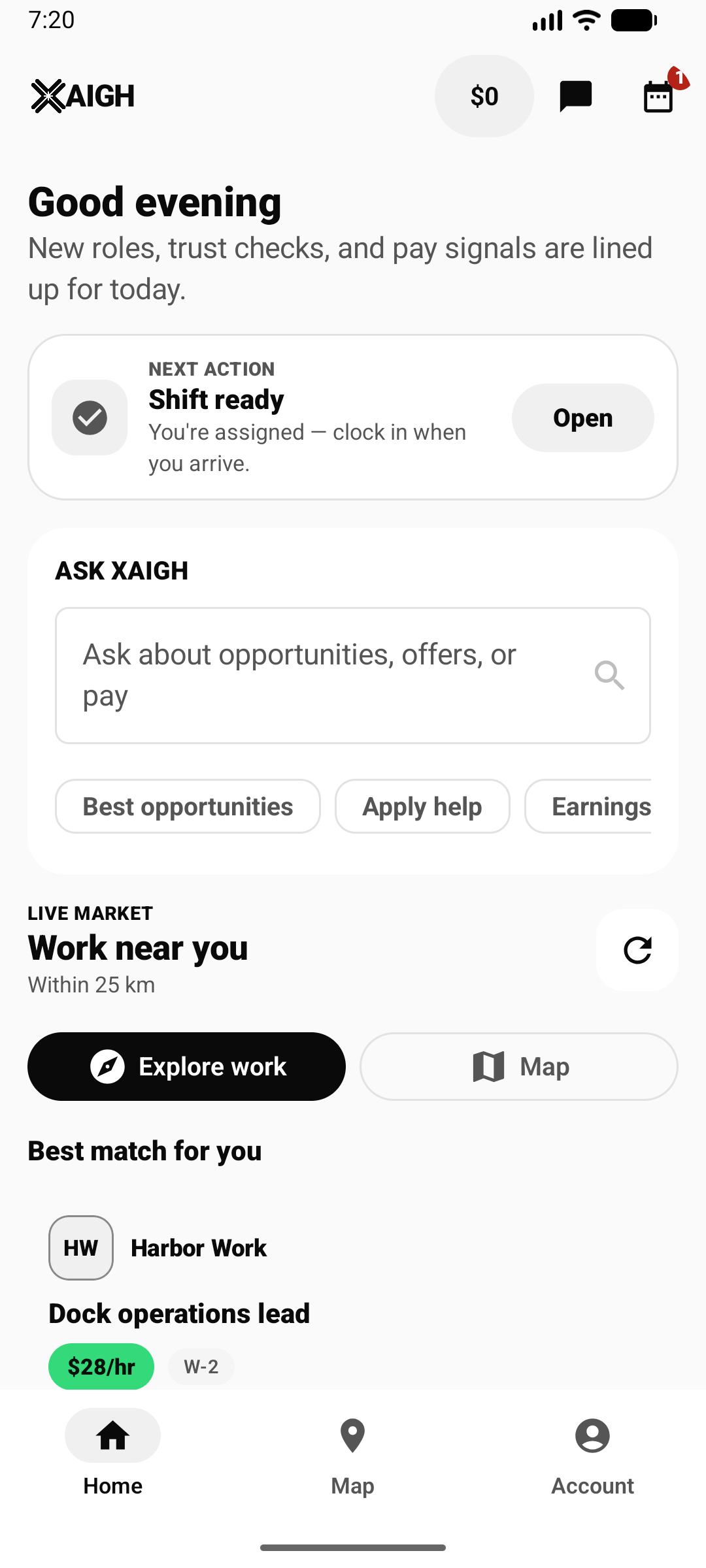Xaigh Android worker home screen with the next action, work feed, and a nearby job preview