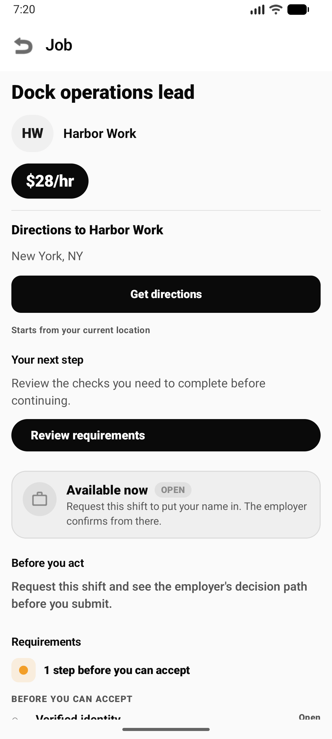 Xaigh Android job detail screen with role, employer, pay, location, and readiness steps